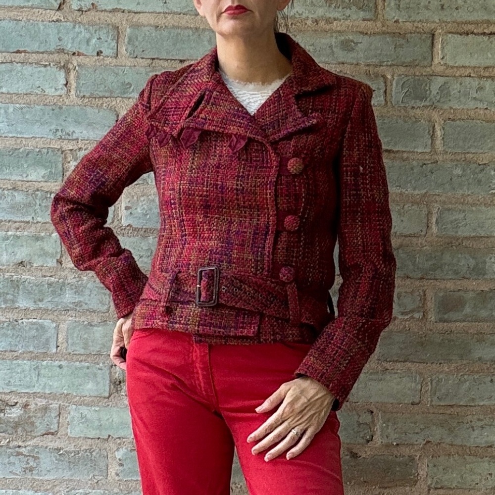 Vintage Motorcycle Jacket Red Tweed 90s Y2K Short Fitted Moto Lightweight S